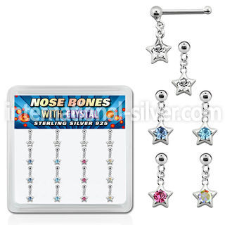 nbds16 box of silver nose bones w ball dangling star crystal
