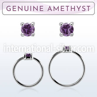 nhge1 silver nose ring w a 2mm amethyst in casting prong set