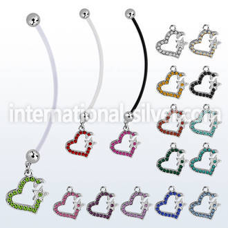 pnd527 pregnancy belly ring w dangling crystal studded heart 