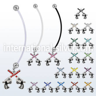 pnd750 pregnancy belly ring w dangling crossed crystal pistol