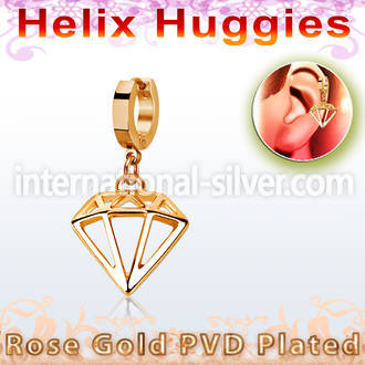 rose gold steel helix huggie w a diamond dangling 
