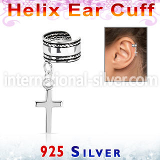 silver helix ear cuff w a rope edge w a cross dangling 