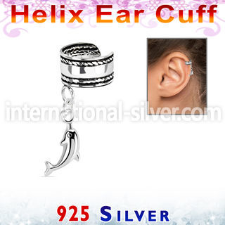 silver helix ear cuff w a rope edge w a dolphin dangling 
