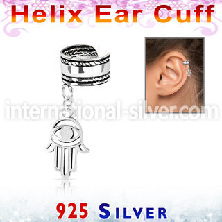 silver helix ear cuff w a rope edge w a hamsa dangling 