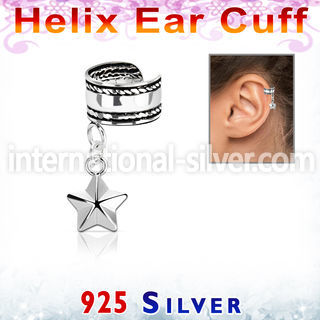 silver helix ear cuff w a rope edge w a star dangling 