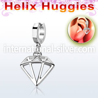 stainless steel huggie w a diamond shaped dangling 