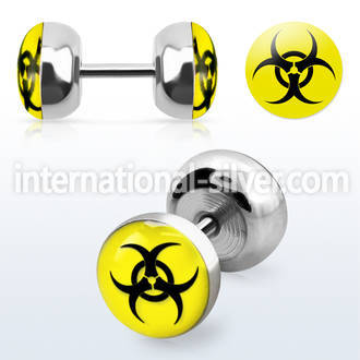 steel fake plug w bio hazard sign on yellow background 