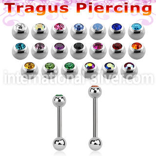 surgical steel tragus barbell, 16g (1.2mm) with a top 3mm bezel jewel ball and a plain 3mm steel ball
