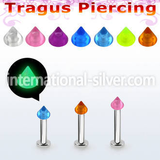 tlbglcn3 316l steel tragus labret 16g 3mm glow in the dark cone 