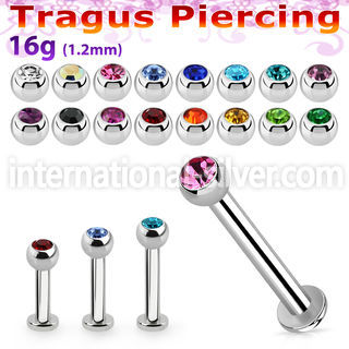 tlbjb25 316l steel tragus labret 16g w 2.5mm jewel ball 