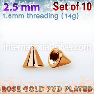 xcntt25g set of 2.5mm rose gold plated steel cones thread 1.6mm 
