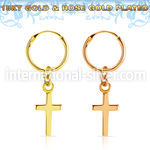 18k gold plated silver helix hoop w small cross dangling 