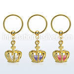 bcrtsz12 gold plated 316l steel bcr, 16g w dangling crown w cz