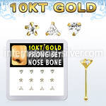 dginb20 box w 10kt gold nose bones w 3mm cz in mixed shapes