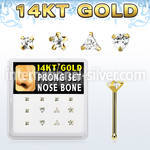 dgnb17 box w 14kt gold nose bones w 3mm cz stones in mix shape
