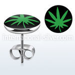 er209 pair of stainless steel ear studs w marijuana on black