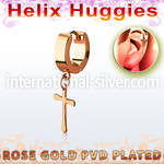 er268cr tiny rose gold steel helix huggie w cross dangling