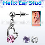 erbz377 ball shaped steel ear stud w heart with round cz