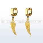 erg584 gold steel huggies earrings w dangling bird wing