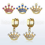 erg703 gold steel huggies earrings w dangling crystal crown