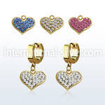 erg705 gold steel huggies earrings w dangling crystal heart