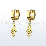 erg709 gold steel huggies earrings w dangling musical note