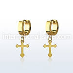 ergcro gold steel huggies earrings w dangling cross