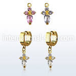ergz518 gold steel huggies earrings w dangling cross w 4 czs