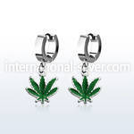 erh432 steel huggies earrings w dangling green marihuana leave