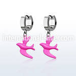 erh454 steel huggies earrings w dangling pink color bird