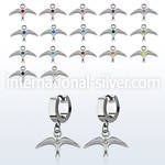 erh463 steel huggies earrings w dangling plain bird w crystal