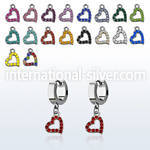 erh542 steel huggies earrings w a heart shaped crystal dangling