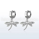 erh566 steel huggies earrings w dangling dragonfly