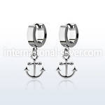 erh632 steel huggies earrings w dangling plain anchor design