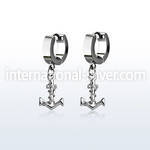 erh699 steel huggies earrings w dangling plain anchor w rope