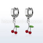 erhch10 steel huggies earrings w dangling crystal cherry design