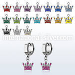 erhcr4 steel huggies earrings w dangling crystal studded crown