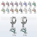 erhdp17 steel huggies earrings w dangling crystal twin dolphins