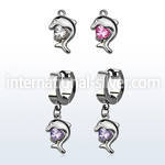 erhz300 steel huggies earrings w dangling dolphin design w cz