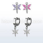 erhz349 steel huggies earrings w dangling dragonfly w cz wings