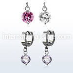 erhz383 steel huggies earrings w dangling twin prong set 10mm cz