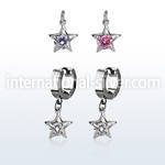 erhz414 steel huggies earrings w dangling star shape w round cz