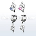 erhz7 steel huggies earrings w dangling dolphin w round cz