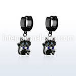 erk503 black steel huggies earrings w dangling black cat design