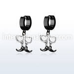 erk507 black steel huggies earrings w dangling black mustache