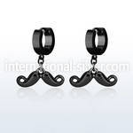 erk518 black steel huggies earrings w dangling up mustache