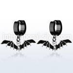 erk569 black steel huggies earrings w dangling black bat