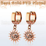err726 rose gold stainless steel huggie earring w dangling sun 