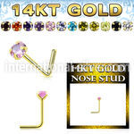 gnszm3 14 k gold 22g l shaped nose stud round cz prong set