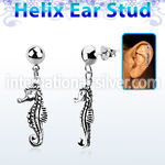 hexvd13 925 silver helix ear stud w dangling silver sea horse
